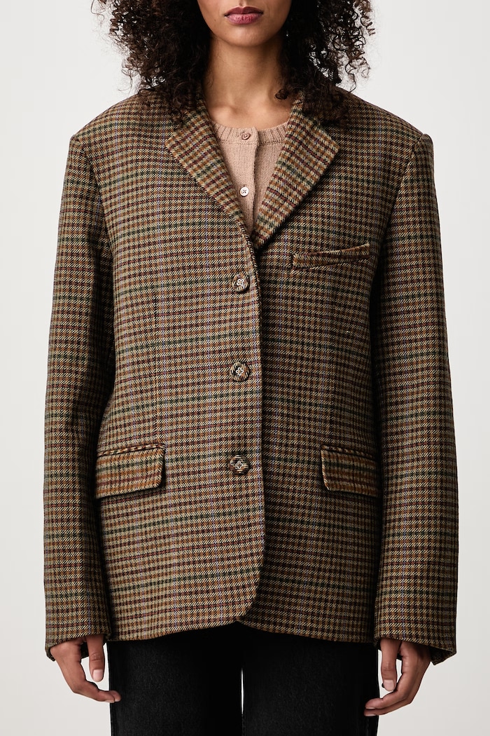 Heavy Check Twill jednoradové sako s vlnou dámske GANNI hnedá A1020109