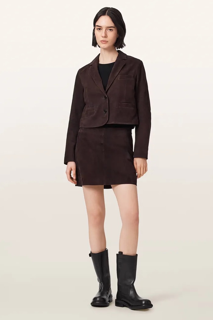 Odzież AllSaints Blezer damski zamszowy APTON SUEDE W028LF brązowy