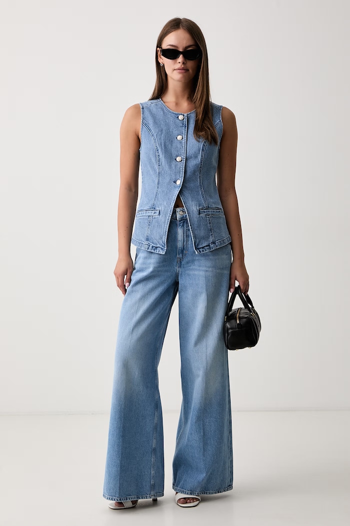 Morgan kamizelka jednorzędowa damska jeansowa CROCUS niebieski AW26