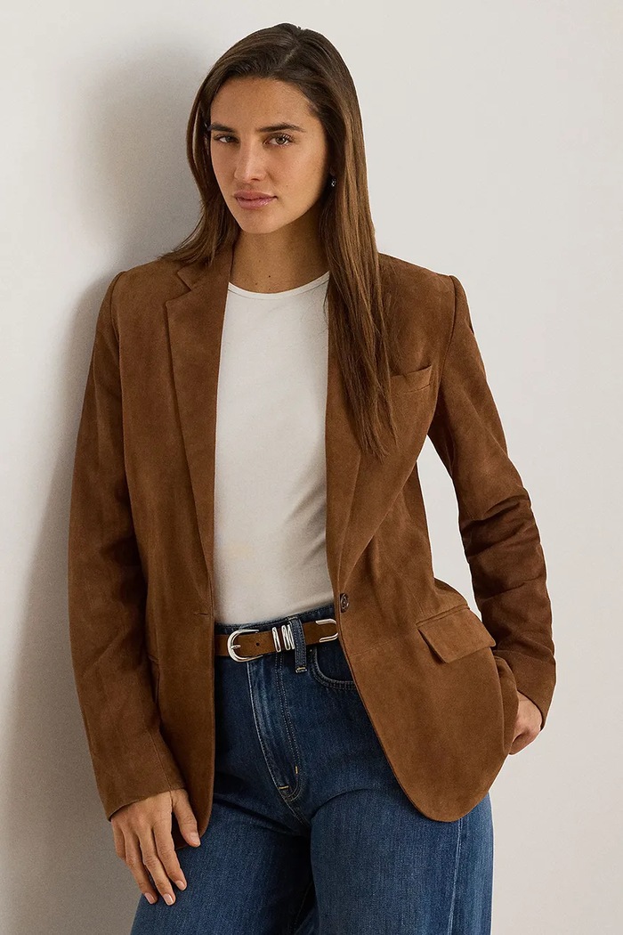 Lauren Ralph Lauren marynarka jednorzędowa damska zamszowa brązowy 200B24164