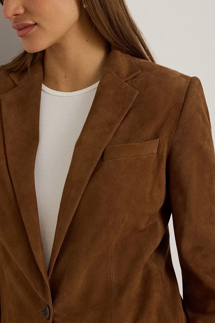 Lauren Ralph Lauren marynarka jednorzędowa damska zamszowa brązowy 200B24164