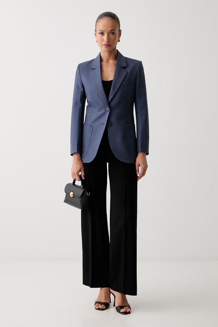 Victoria Beckham jednořadé sako dámské s příměsí vlny Katherine 1425WJK005119A námořnická modř AW26