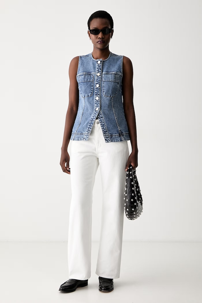 DKNY kamizelka jednorzędowa damska jeansowa DJ6V7018 niebieski AW26