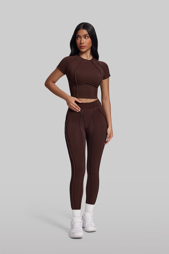 BetterMe Legginsy sportowe damskie Contour Stitch brązowy LEG00034