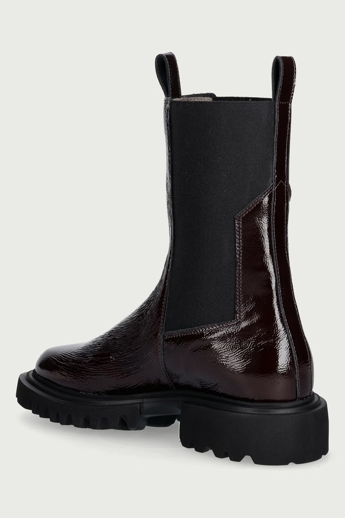 Obuwie AllSaints Botki na platformie damskie skórzane Hallie Boot Patent W003FF brązowy