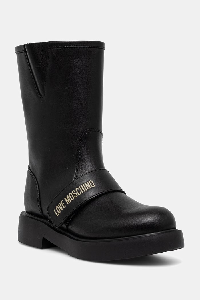 Love Moschino botki na płaskim obcasie damskie skórzane czarny JA24064G1PIA0000