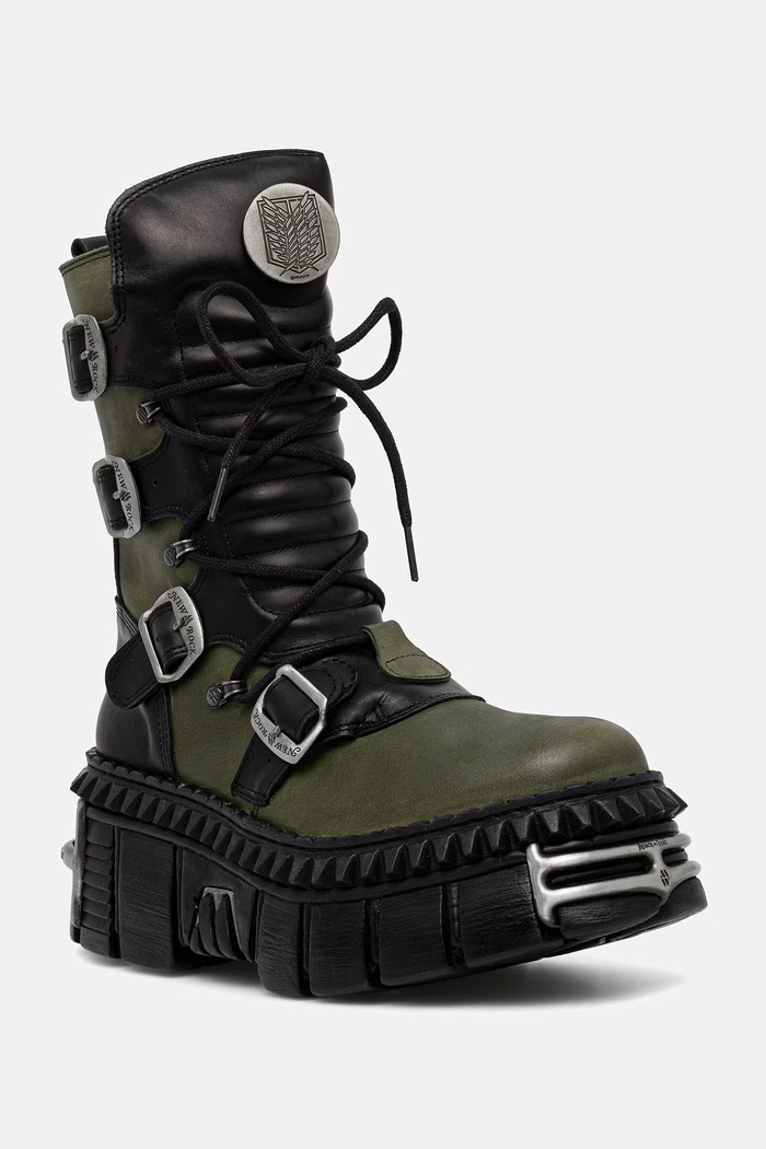 New Rock NOMADA VERDE + CRUST NEGRO + IMPERFECT TOWER NEGRO TORNILLOS workery damskie skórzane zielony M.WALL373.CEV004