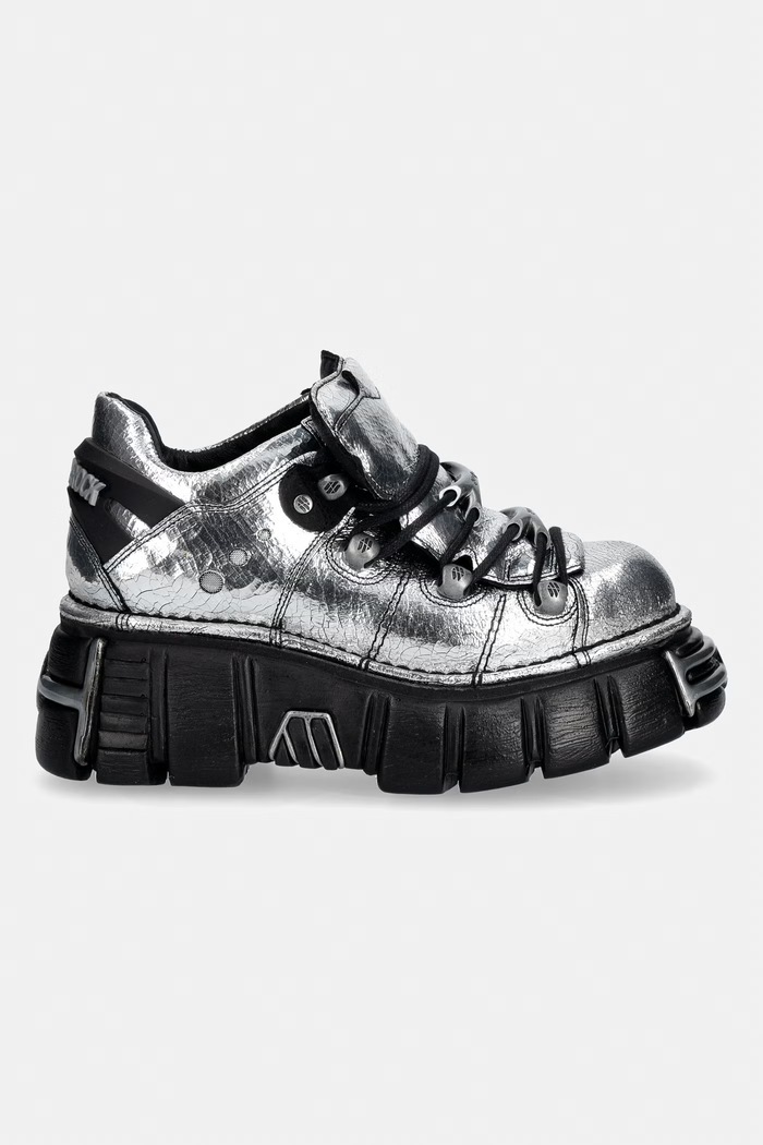 New Rock CRACK ESPEJO PLATA ANTE + IMPERFECT TOWER NEGRO TORNILLOS buty na platformie damskie skórzane M.120N.C55 srebrny AW26