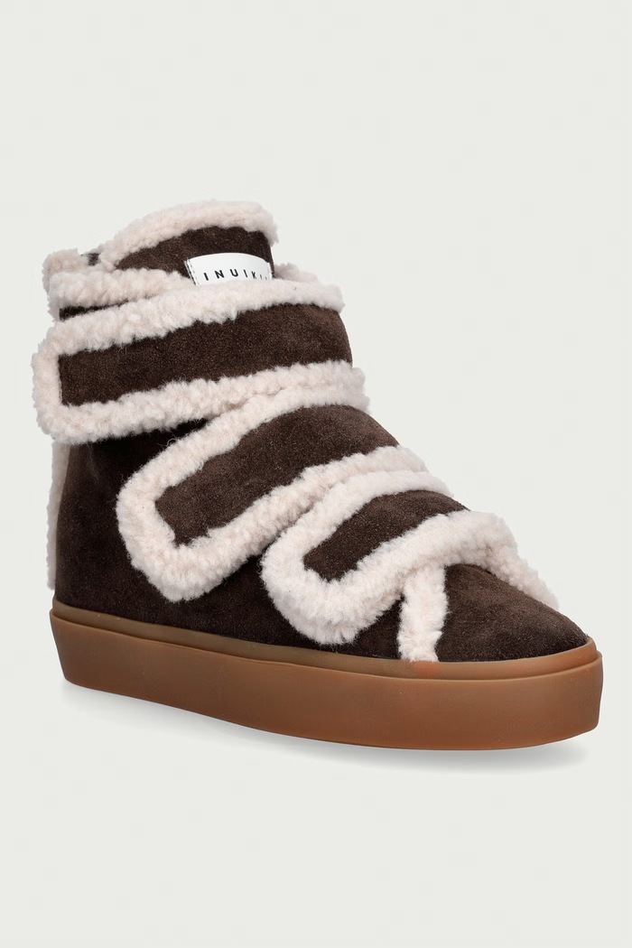 Inuikii botki damskie zamszowe Shearling Velcro Wedge brązowy 1001.004.0151.152