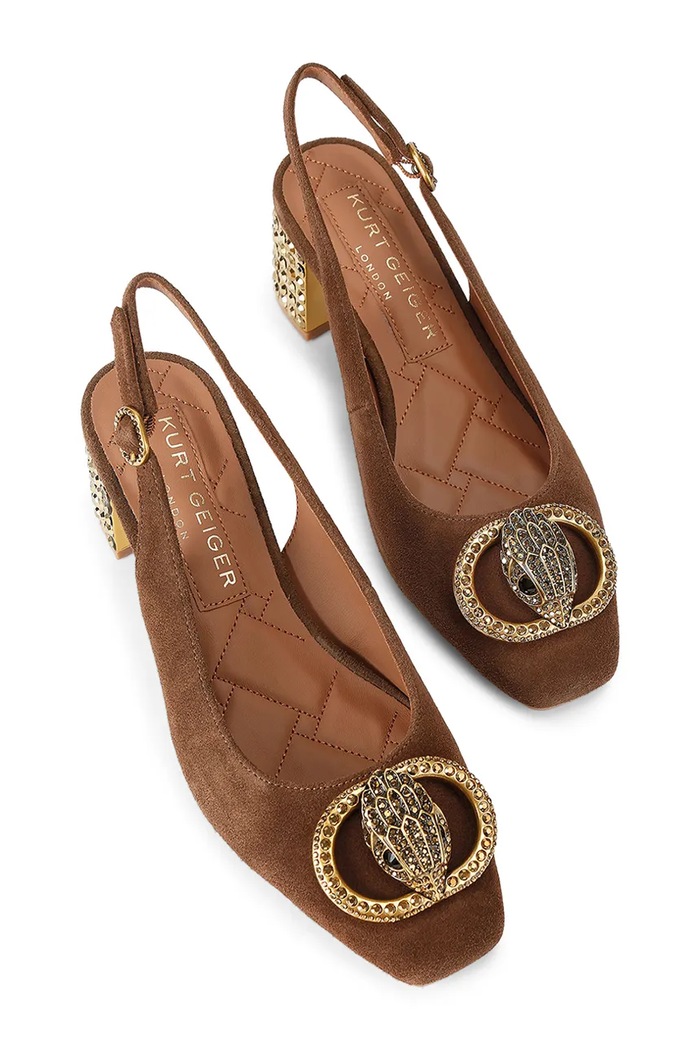 Kurt Geiger London czółenka z odkrytą piętą zamszowe Chelsea Block Slingback 3415030209 brązowy AW26