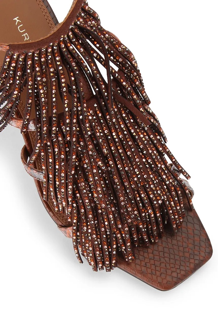 Obuwie Kurt Geiger London sandały na wysokim obcasie Fringe Sandal 90 5851035069 brązowy