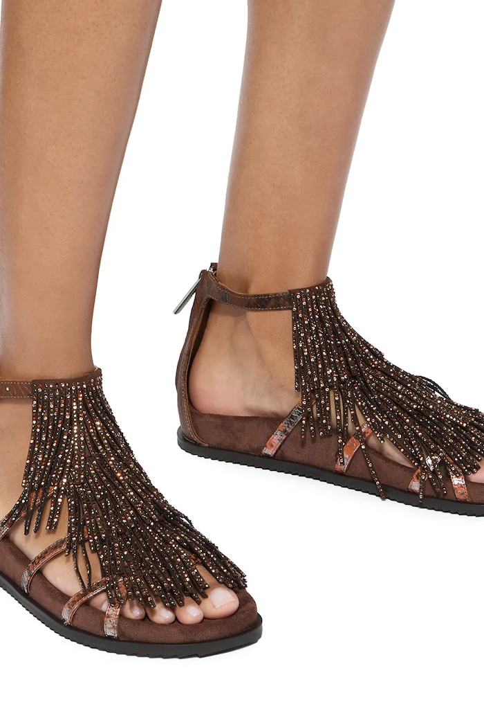 Kurt Geiger London sandały damskie Fringe Flat Sandal 5855335069 brązowy