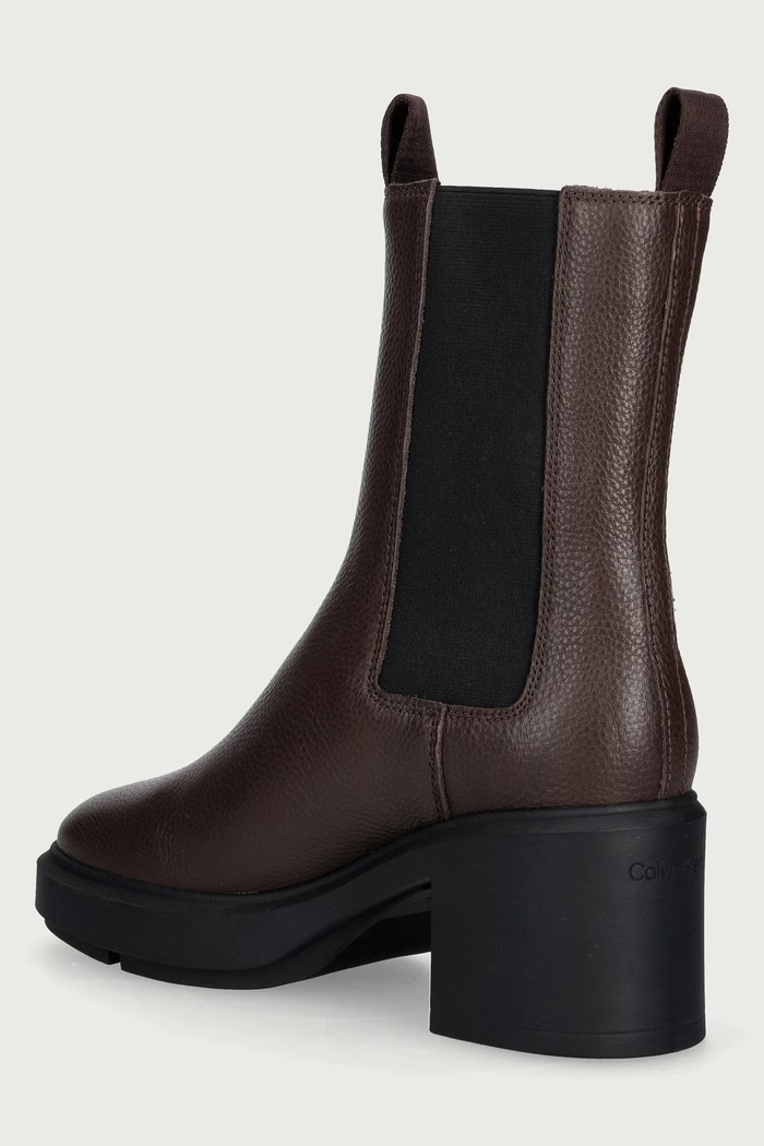 Boty Calvin Klein Kotníkové Chelsea boty na sloupku dámské kožené BLOCK HEEL CHELSEA BOOT LTH HW0HW03694BAM hnědá