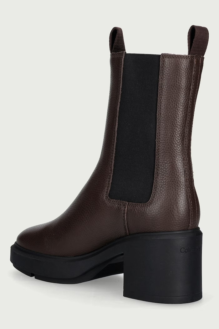 Boty Calvin Klein Kotníkové Chelsea boty na sloupku dámské kožené BLOCK HEEL CHELSEA BOOT LTH HW0HW03694BAM hnědá