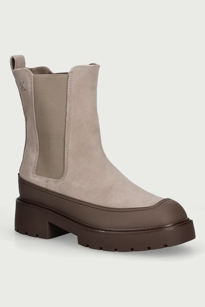Calvin Klein Chelsea čižmy na platforme dámske semišové CHUNKY CHELSEA BOOT SUE EM béžová HW0HW032030JC