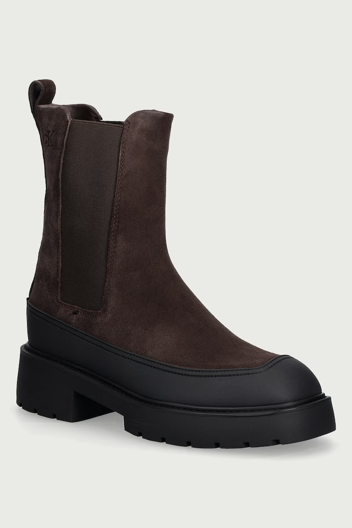 Calvin Klein Kotníkové Chelsea boty na platformě dámské semišové CHUNKY CHELSEA BOOT SUE EM hnědá HW0HW0320309S