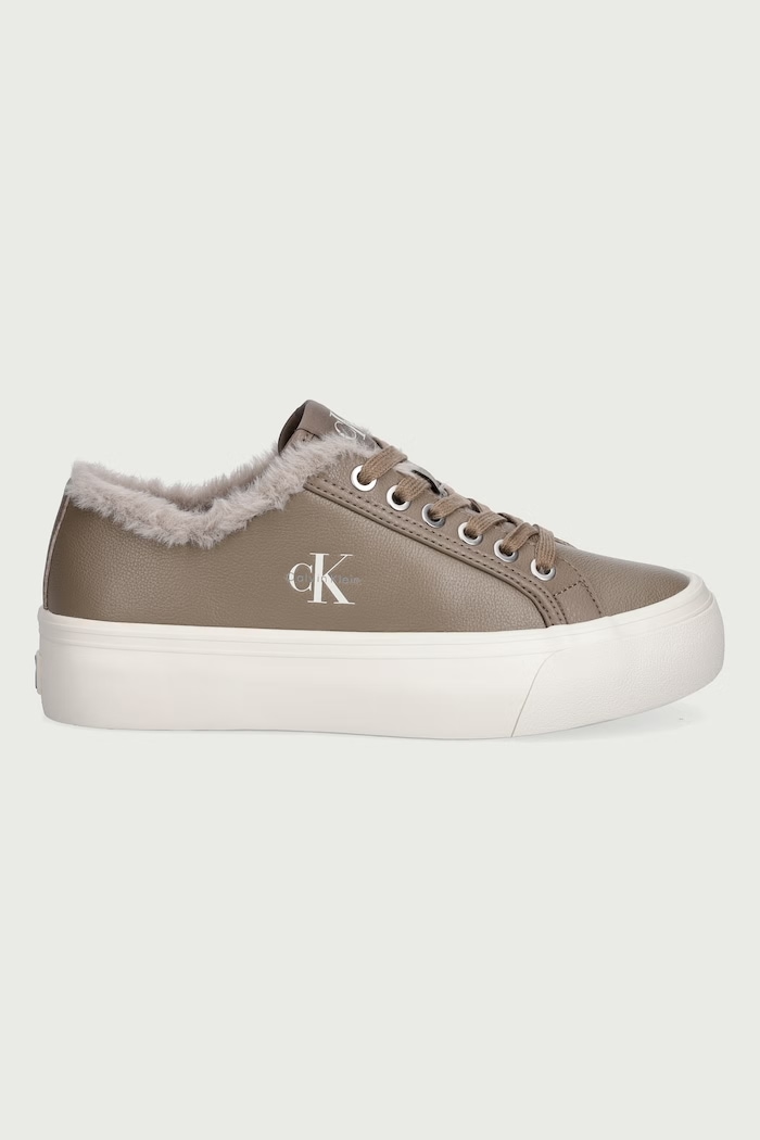 Calvin Klein VULC FLATF LACEUP LTH FUR sneakersy damskie HW0HW03235PBO beżowy AW26