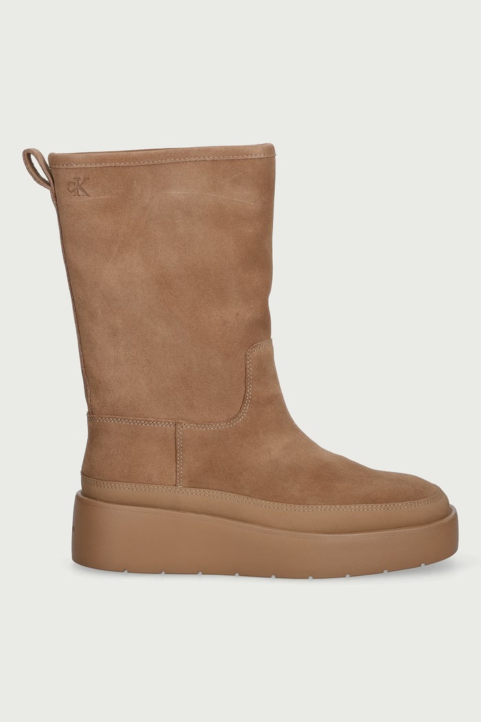 Calvin Klein Боти с платформа дамски от велур FLATFORM MID BOOT SUEDE WL HW0HW03181A1B бежов AW26
