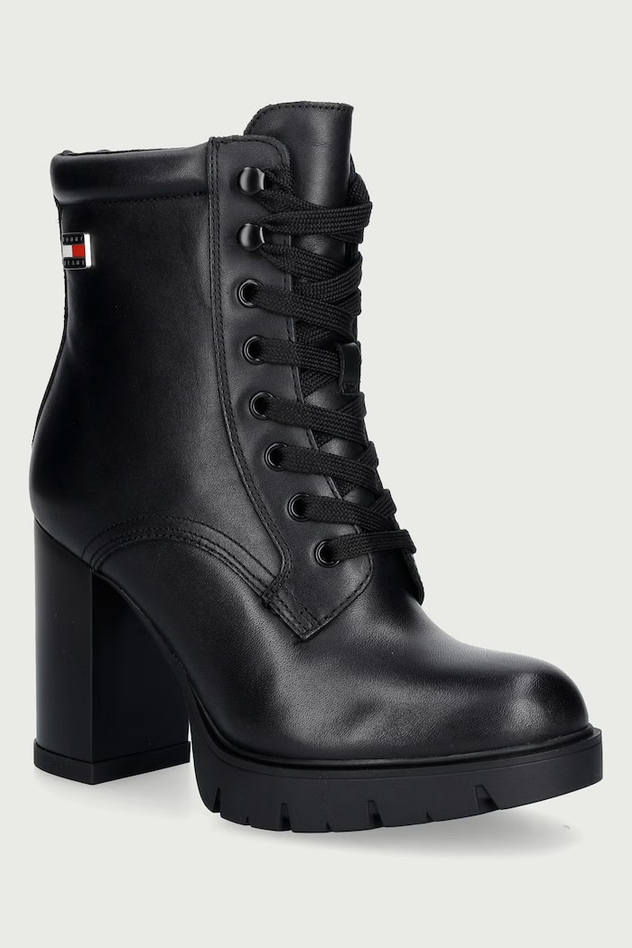 Tommy Jeans Botki na wysokim obcasie damskie skórzane TJW LACE UP HIGH HEEL BOOTS czarny EN0EN03109