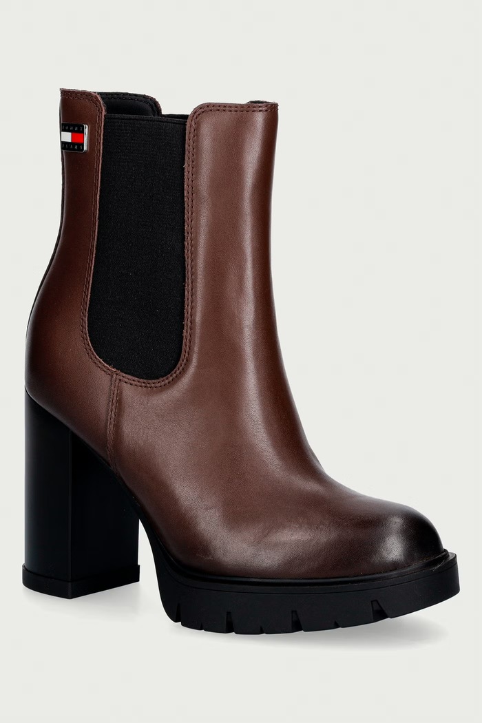 Tommy Jeans μποτάκια Γυναικεία δερμάτινα TJW CHELSEA HIGH HEEL BOOTS καφέ EN0EN03112