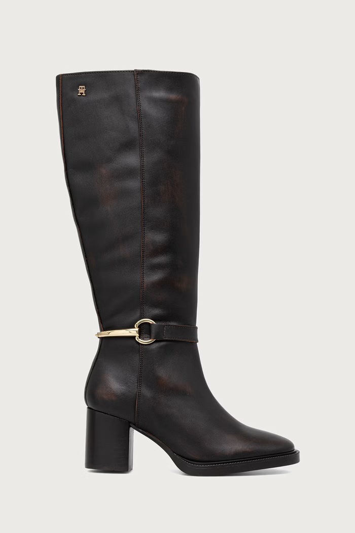 Tommy Hilfiger Kozaki na słupku damskie skórzane TH STUD HEEL RIDING KNEE BOOT FW0FW09551 brązowy AW26
