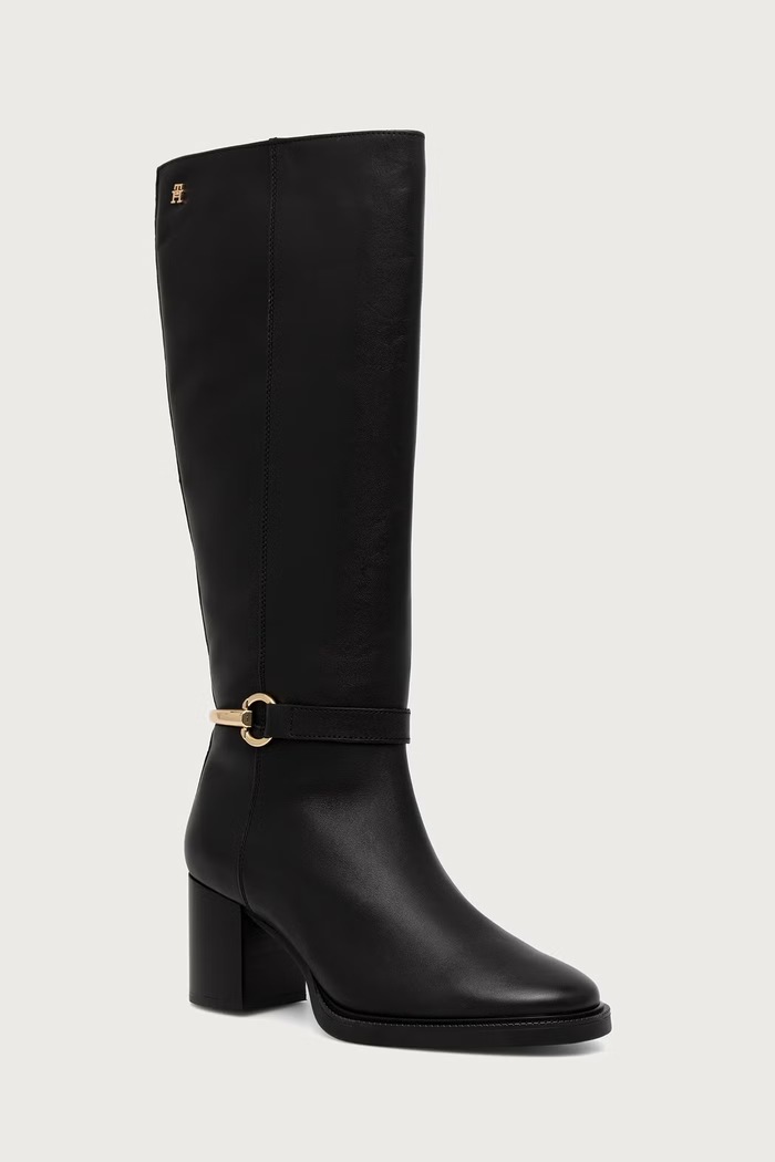 Tommy Hilfiger Čižmy na podpätku dámske kožené TH STUD HEEL RIDING KNEE BOOT čierna FW0FW09551