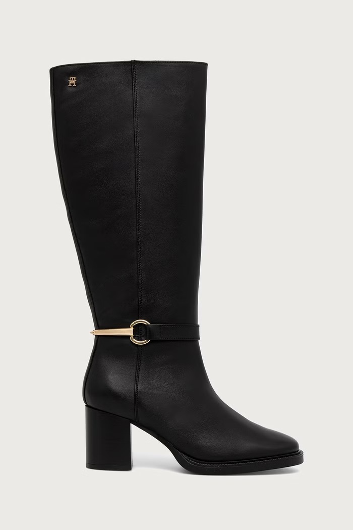 Tommy Hilfiger Čižmy na podpätku dámske kožené TH STUD HEEL RIDING KNEE BOOT FW0FW09551 čierna AW26