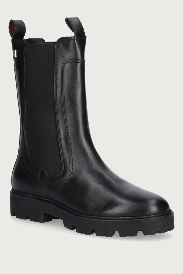 Tommy Hilfiger Боти челси дамски от кожа TH STUD LEATHER HIGH CHELSEA черен FW0FW09570