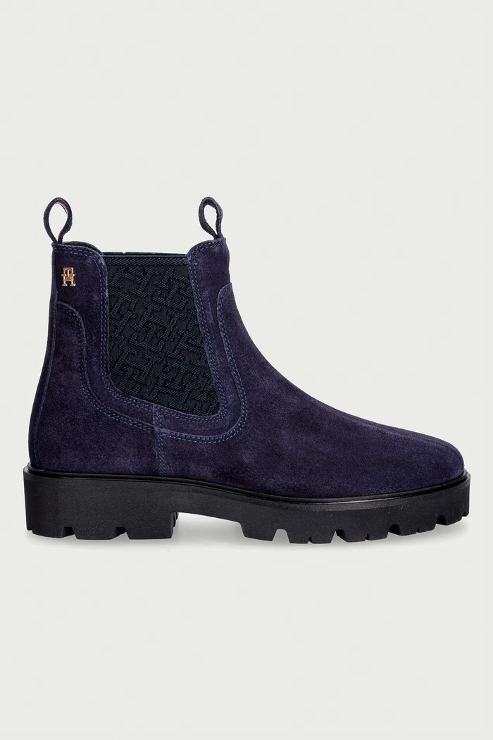 Tommy Hilfiger Stivali Chelsea da donna in scamoscio TH MONOGRAM SUEDE CHELSEA BOOT FW0FW09563 blu navy AW26