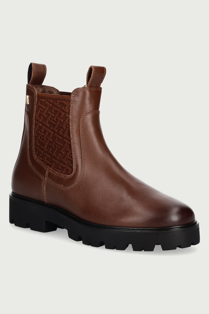 Tommy Hilfiger Ghete scurte pentru femei din piele TH MONOGRAM LEATHER CHELSEA BOOT maro FW0FW09562