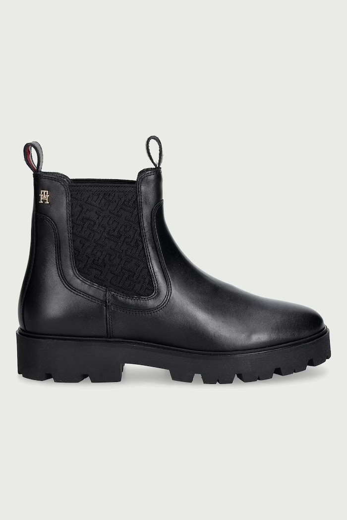 Tommy Hilfiger Ghete scurte pentru femei din piele TH MONOGRAM LEATHER CHELSEA BOOT FW0FW09562 negru AW26