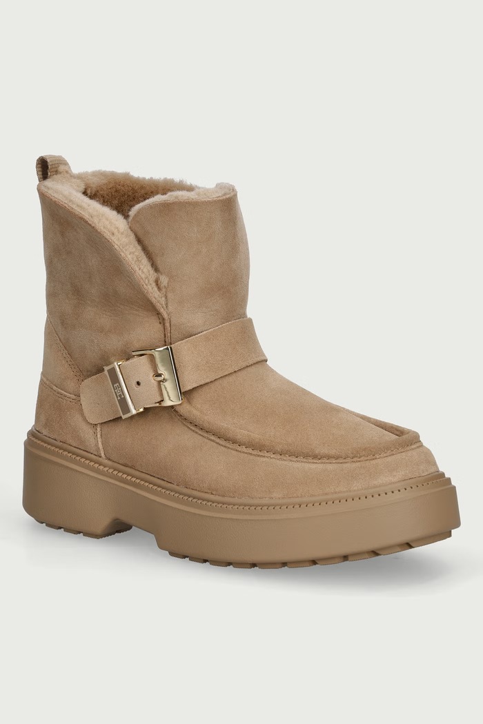 Tommy Hilfiger Členkové čižmy dámske semišové TH BUCKLE SHEARLING SNOW BOOT béžová FW0FW09687
