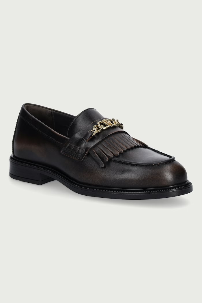 Tommy Hilfiger Mokasíny dámske kožené TH CHAIN FRINGE LEATHER LOAFER hnedá FW0FW09668
