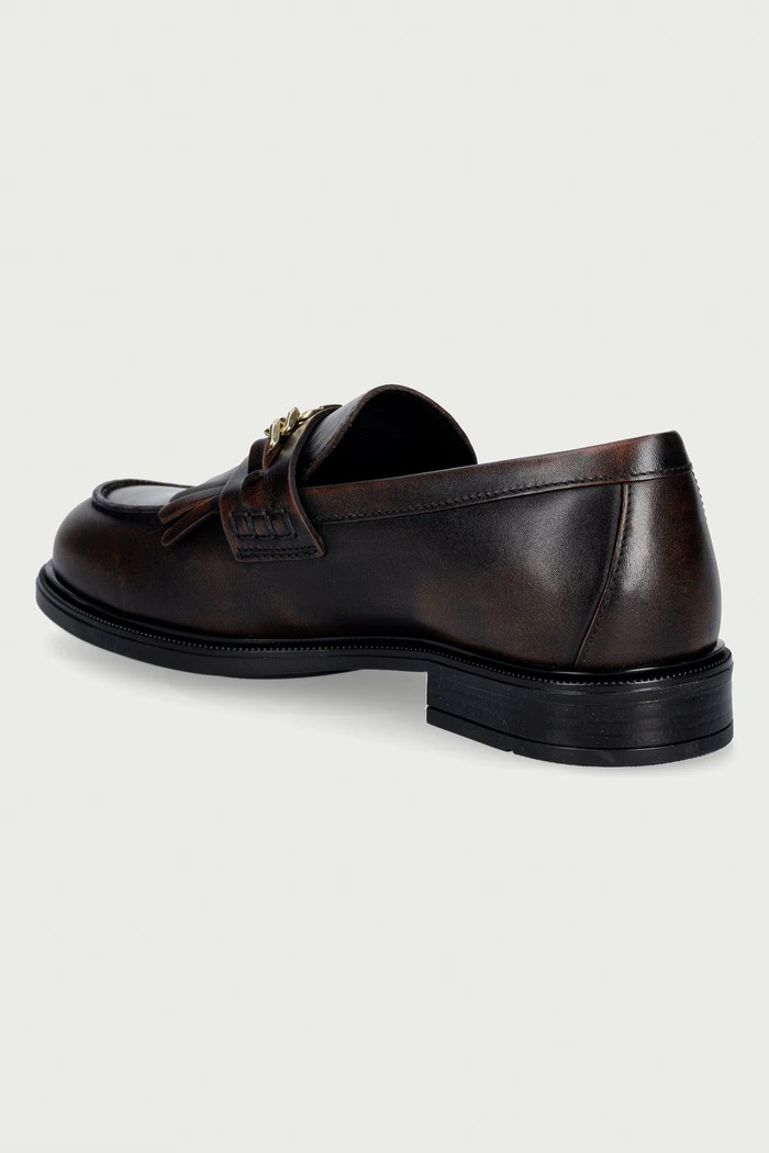 Obutev Tommy Hilfiger mokasini ženski usnjeni TH CHAIN FRINGE LEATHER LOAFER FW0FW09668 rjava