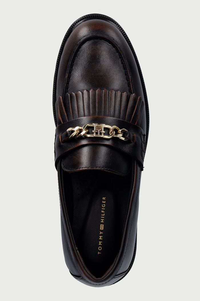Tommy Hilfiger mokasini ženski usnjeni TH CHAIN FRINGE LEATHER LOAFER rjava FW0FW09668