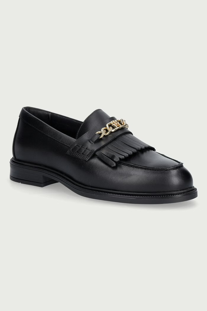 Tommy Hilfiger Mokasyny damskie skórzane TH CHAIN FRINGE LEATHER LOAFER czarny FW0FW09668