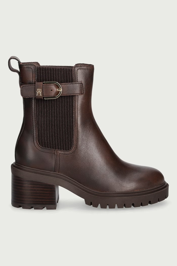 Tommy Hilfiger Chelsea čižmy na podpätku dámske kožené BLOCK HEEL BUCKLED CHELSEA BOOT FW0FW09577 hnedá AW26