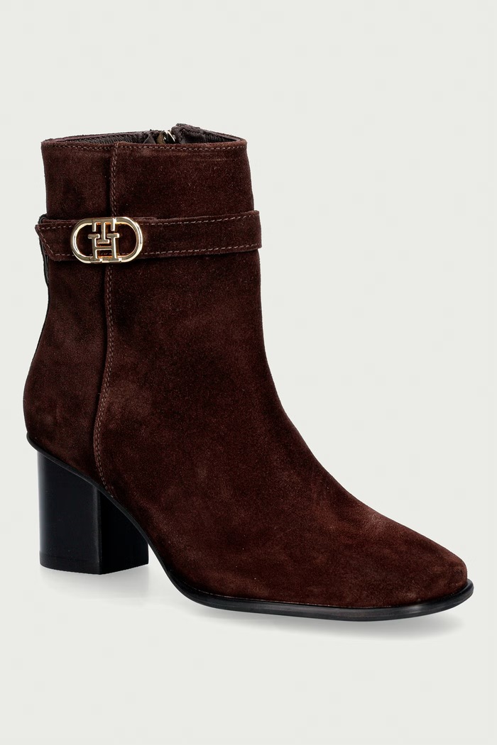 Tommy Hilfiger Gležnarski čevlji z nizko peto ženski semišasti TH STRAP SUEDE BLOCK HEEL BOOT rjava FW0FW09521