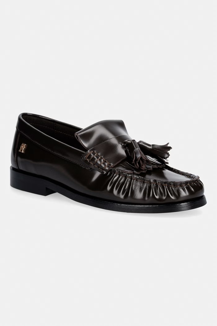Tommy Hilfiger лоуфъри дамски от кожа TH LOAFER TASSEL ABRASIVATO кафяв FW0FW09460