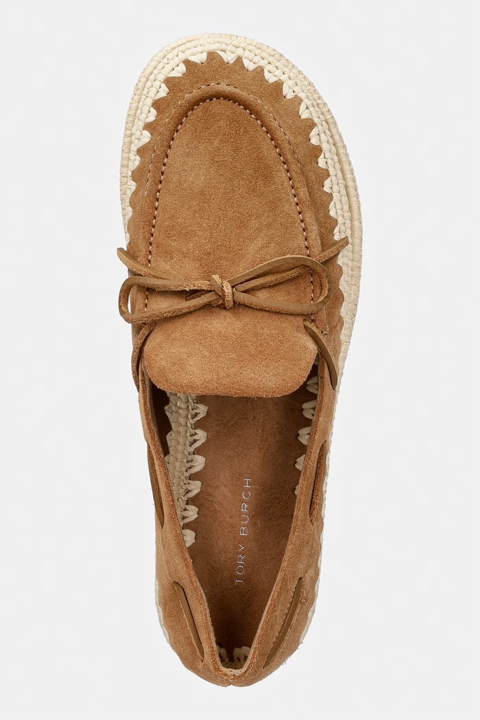 Tory Burch espadryle damskie zamszowe The Raffia Boaty brązowy 182358.270