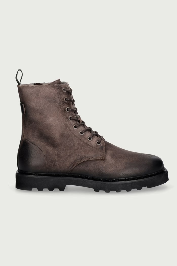 AllSaints Buty męskie skórzane Skiff Military Boot M054FD brązowy AW26