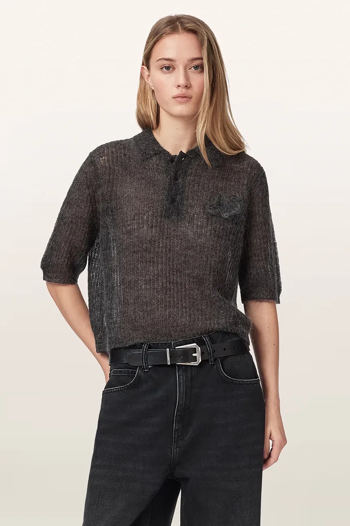 AllSaints Polo swetrowe damskie z wełną ANABEL POLO TEE szary W003KE