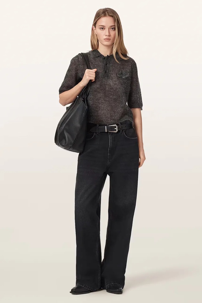 Odzież AllSaints Polo swetrowe damskie z wełną ANABEL POLO TEE W003KE szary