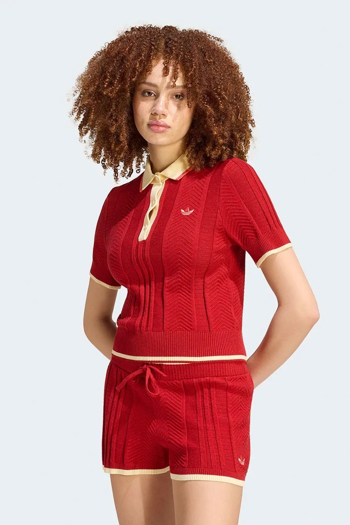 adidas Originals Úpletové polo tričko dámske s viskózou Cable Knit červená KR7060