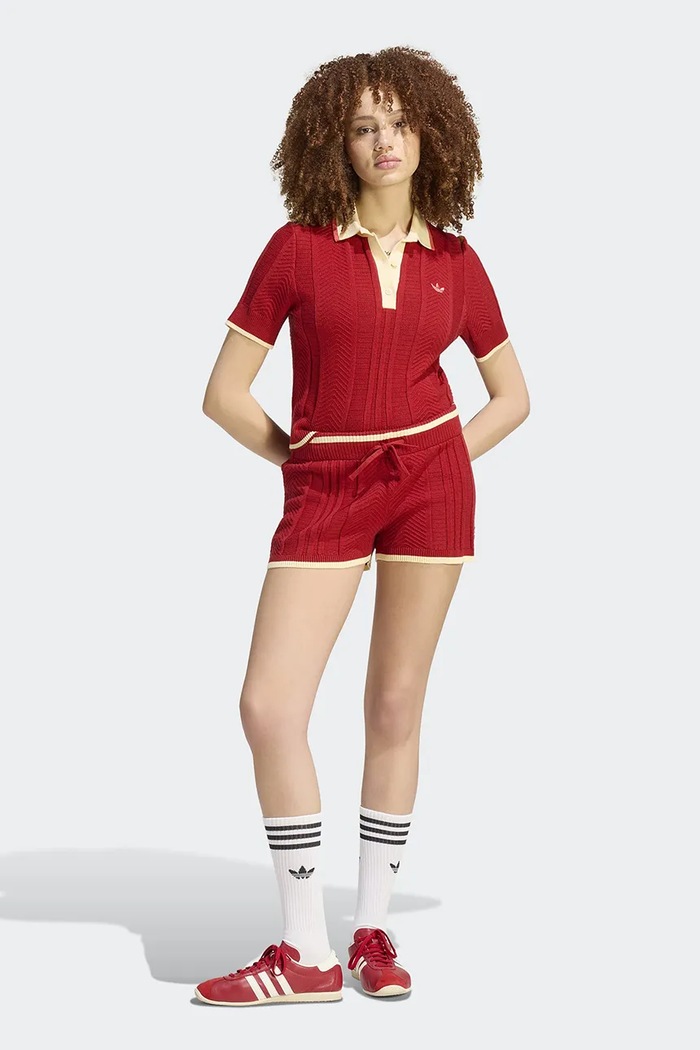 Oblečenie adidas Originals Úpletové polo tričko dámske s viskózou Cable Knit KR7060 červená