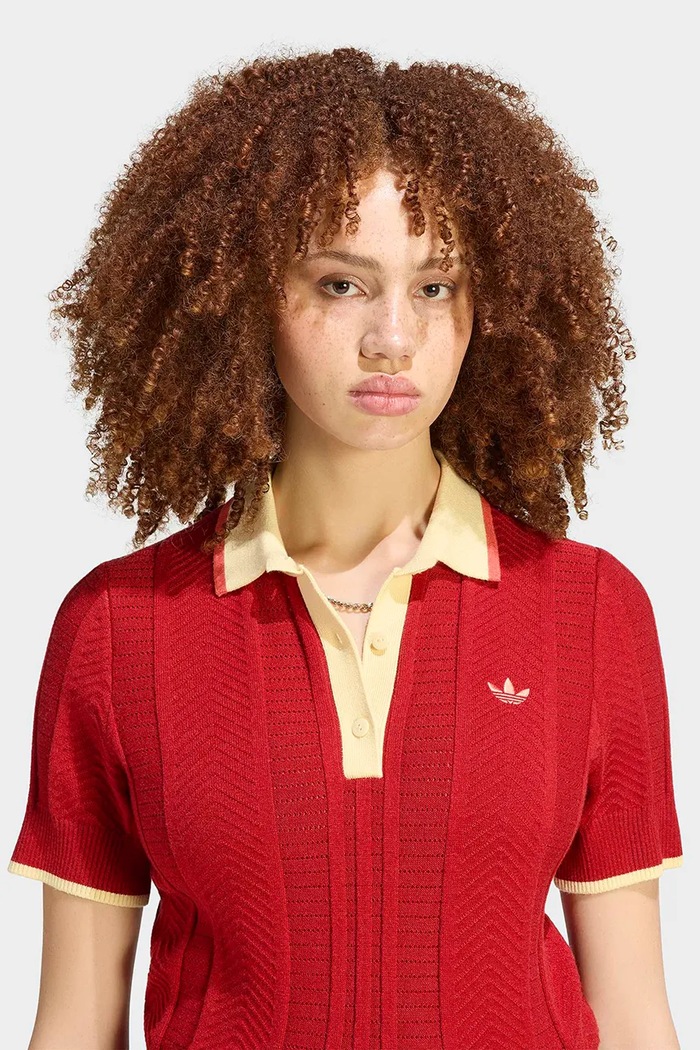 Úpletové polo tričko dámske s viskózou Cable Knit adidas Originals KR7060 červená