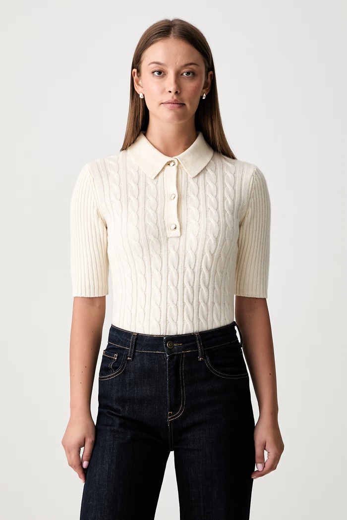 Joop! sweter z krótkim rękawem damski z wełną beżowy 30104317