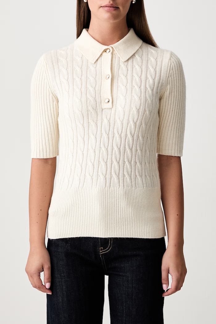 Joop! sweter z krótkim rękawem damski z wełną beżowy 30104317