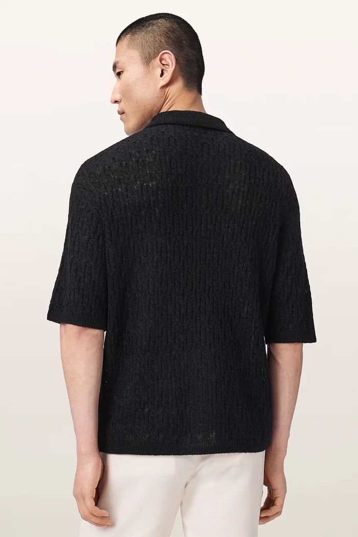 AllSaints Polo męskie z dodatkiem wełny CYCLONE M071KE czarny AW26