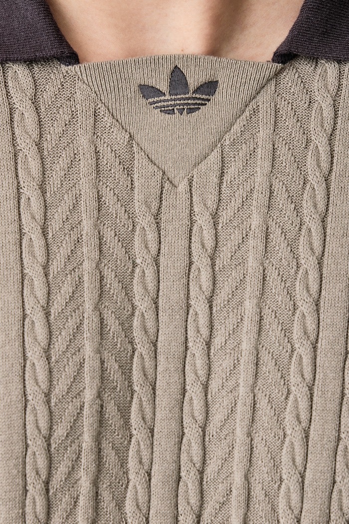 Πλεκτό μπλουζάκι πόλο ανδρικό βαμβακερό Cable Knit adidas Originals πράσινο KR6490